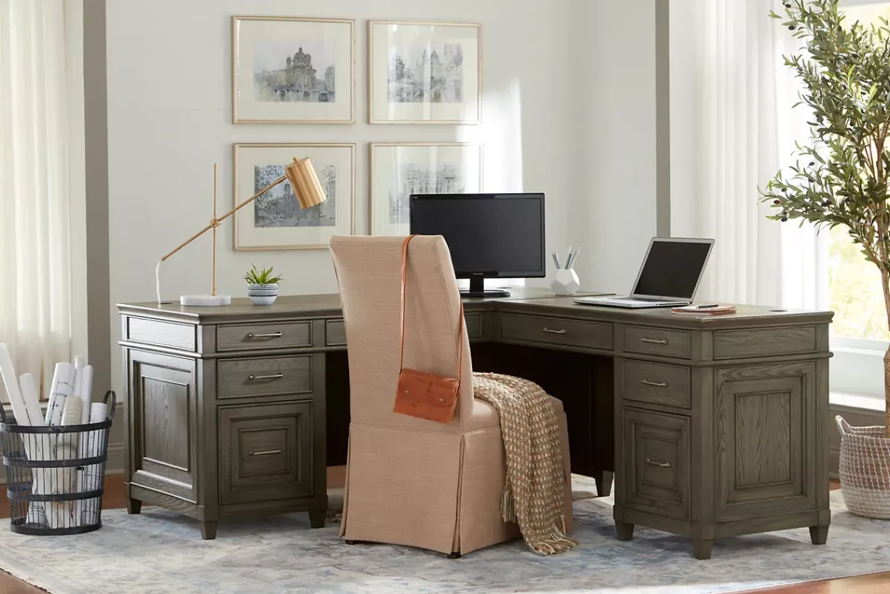 Havertys Baylor L-Shaped Desk Grey Washed Outlet