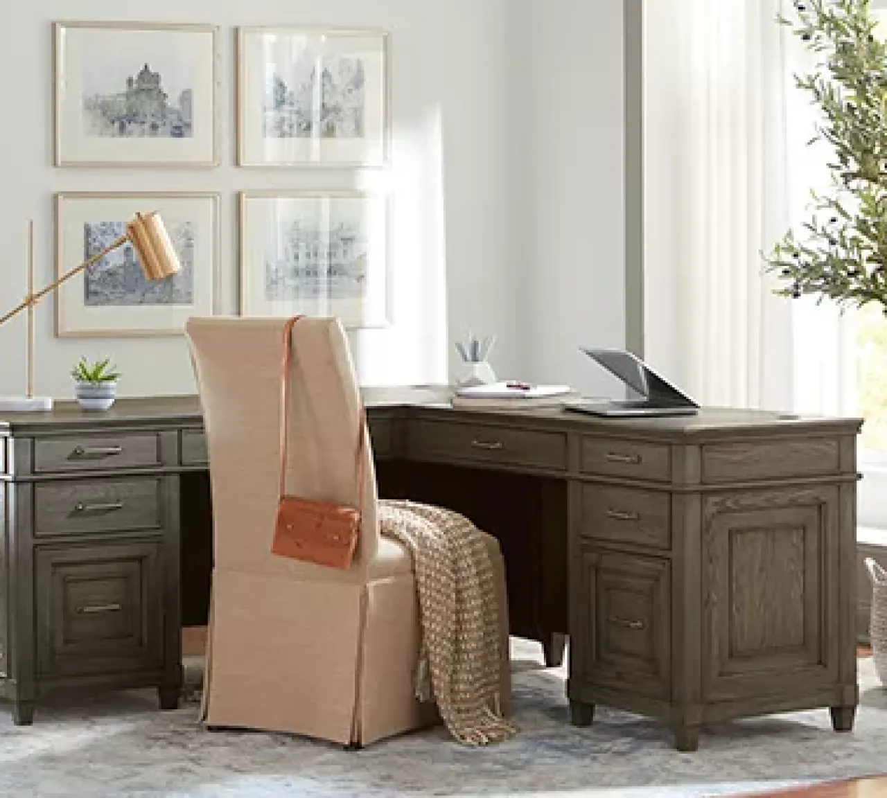 Havertys Baylor L-Shaped Desk Grey Washed Outlet