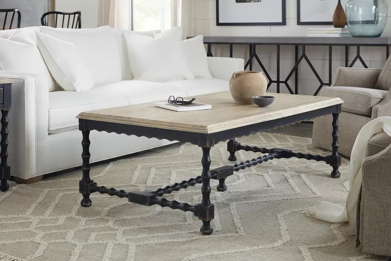 Havertys Lucy Coffee Table Distressed Black-Taupe Discount