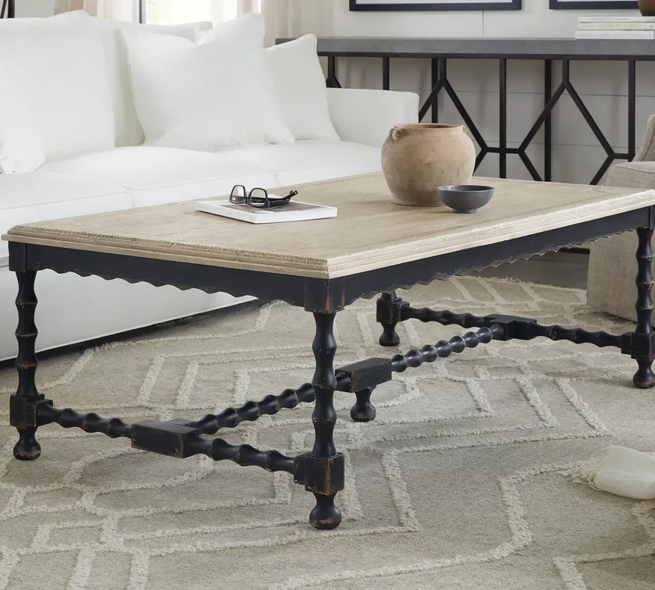 Havertys Lucy Coffee Table Distressed Black-Taupe Discount